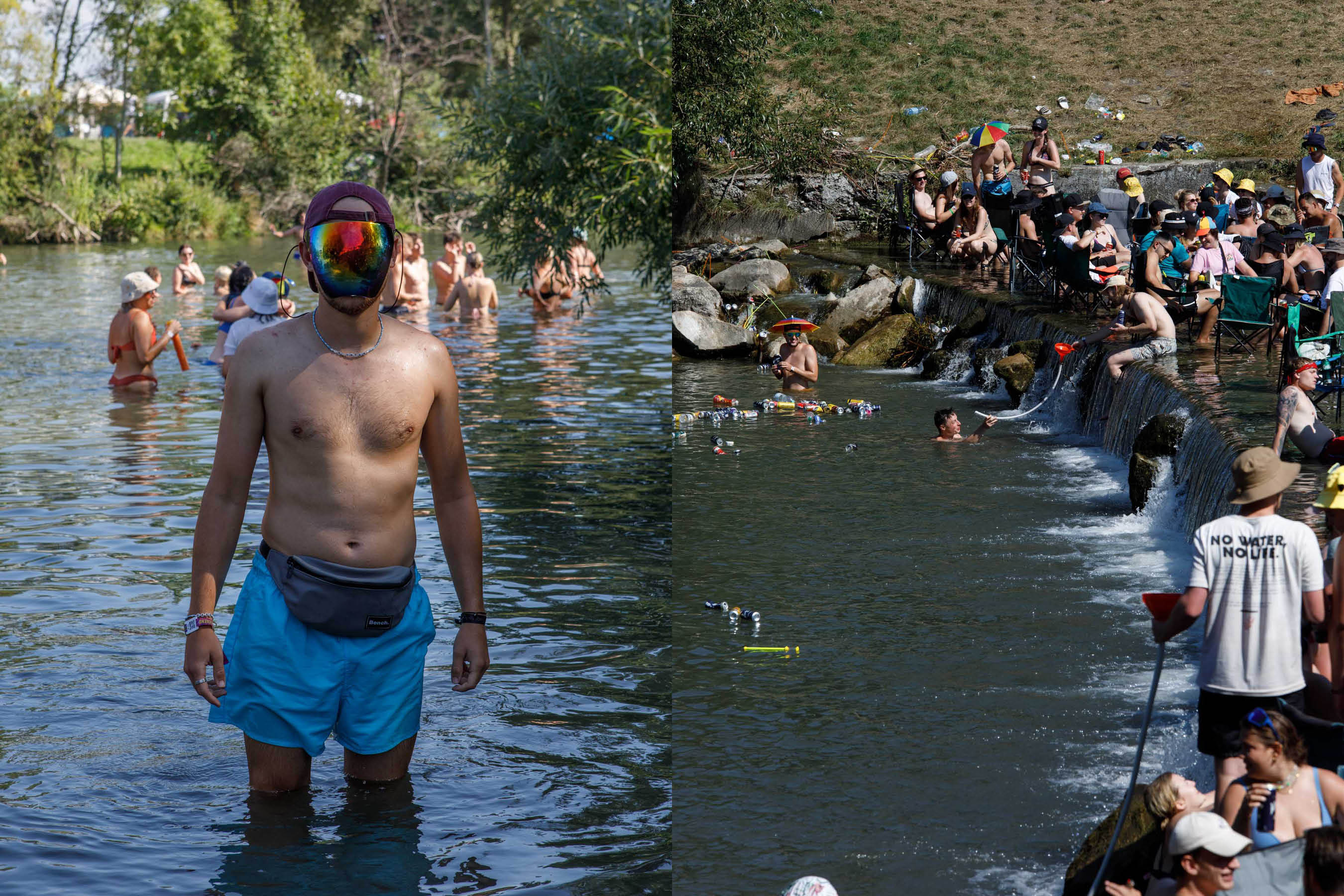 Visitors of the Frequency Festival Austria, bathing in the river Traisen